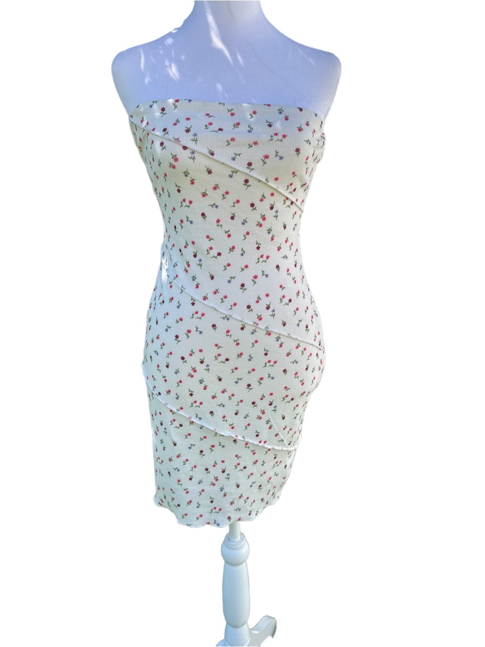 Strapless Floral Bodycon Dress - Cream with Pink Flowers